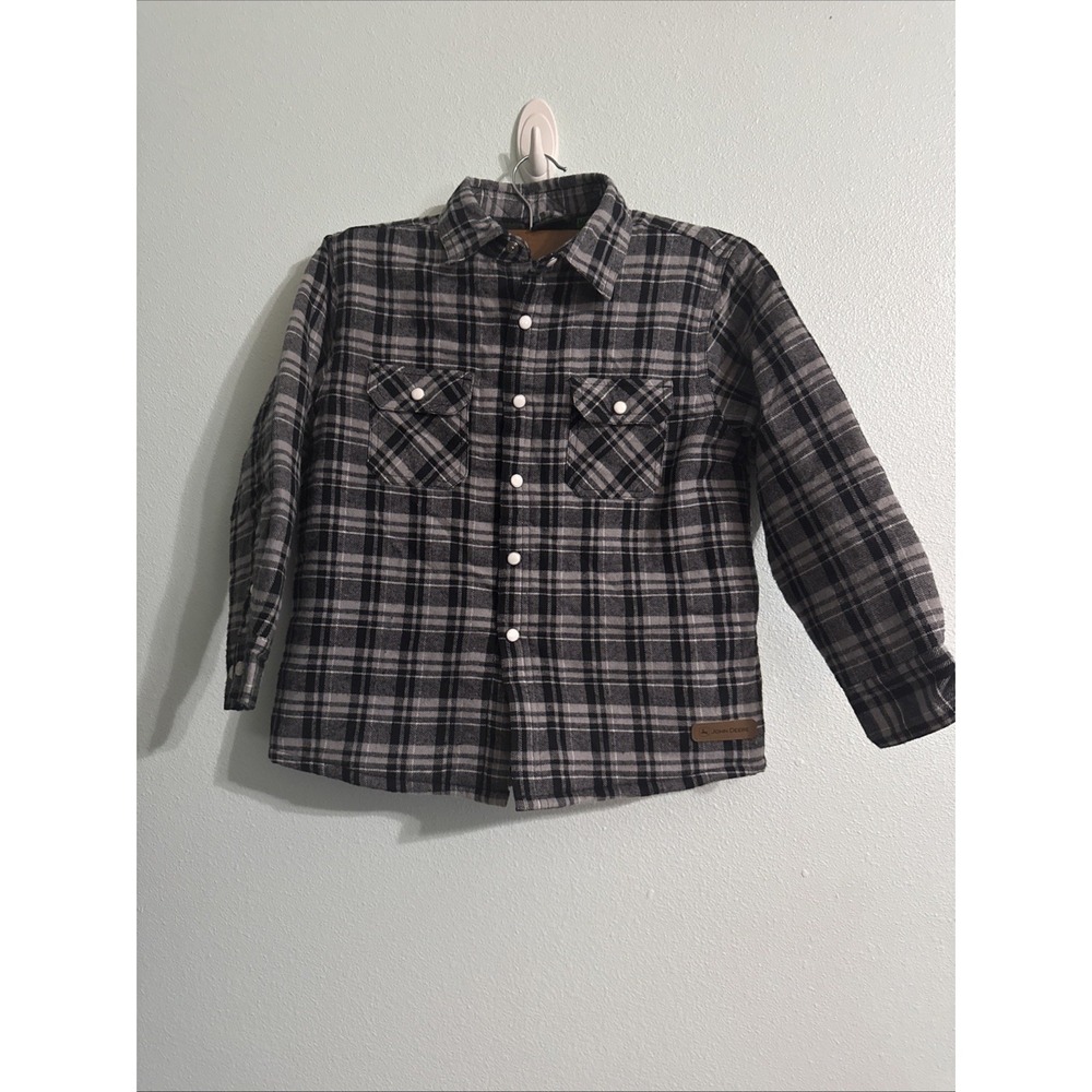 John‎ Deere Boys Flannel Shirt Gray White Plaid Pearl Snap Size M(5/6) Farm